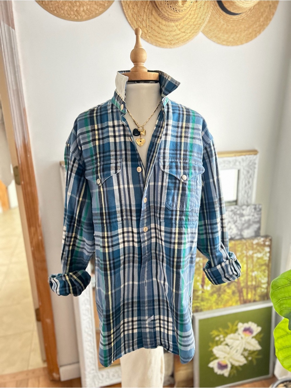 Ralph Lauren Traveler Top Blue White Green Plaid Button-Up Shirt Sz large - Picture 7 of 7